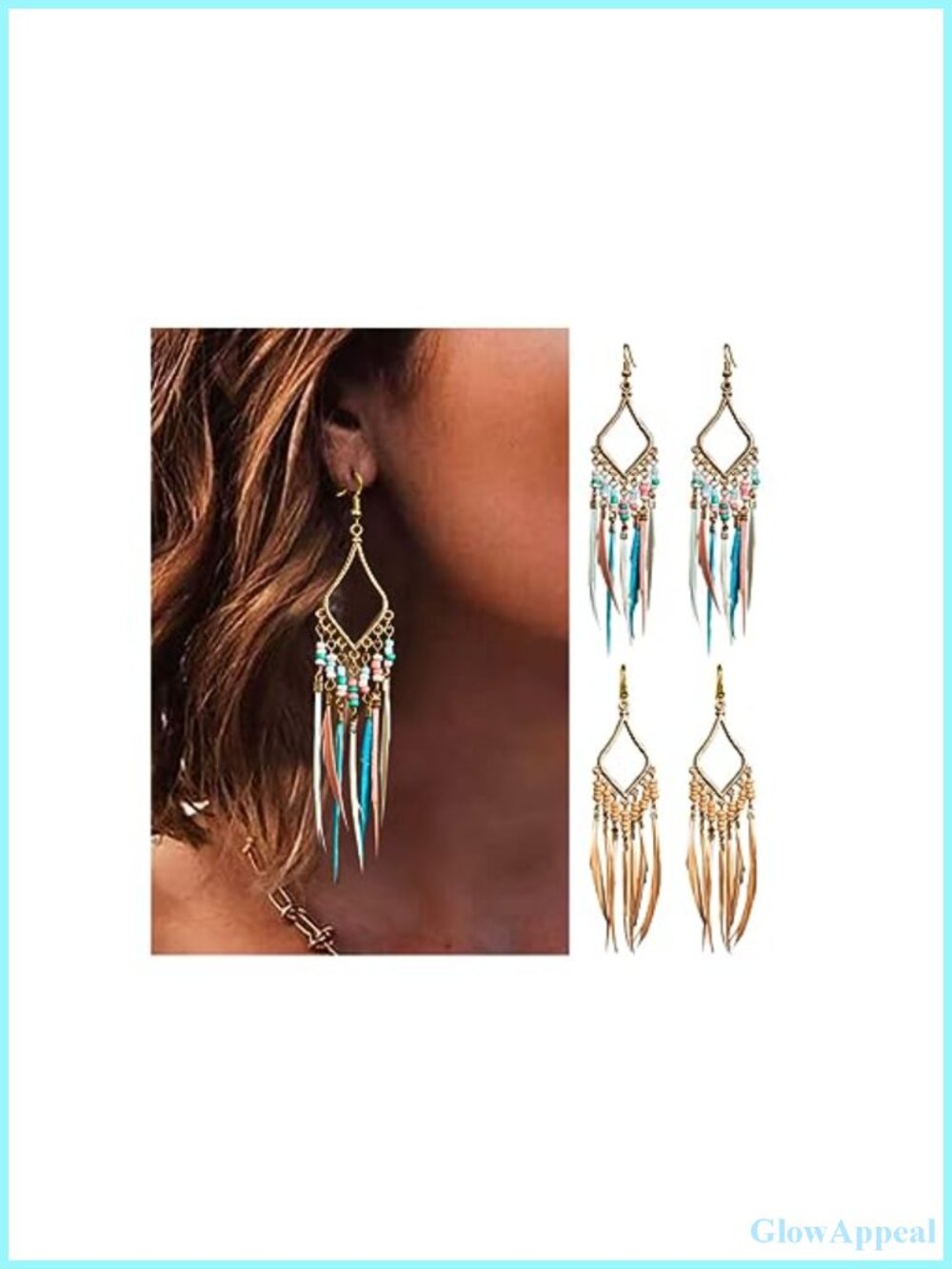Bead Drop Dangle Earrings Set Feather Tassel Boho Gold Ethnic Retro Jewelry Gift